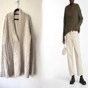 CO Cashmere Wool Blend Cable-Knit Sweater Ivory White Cream Small